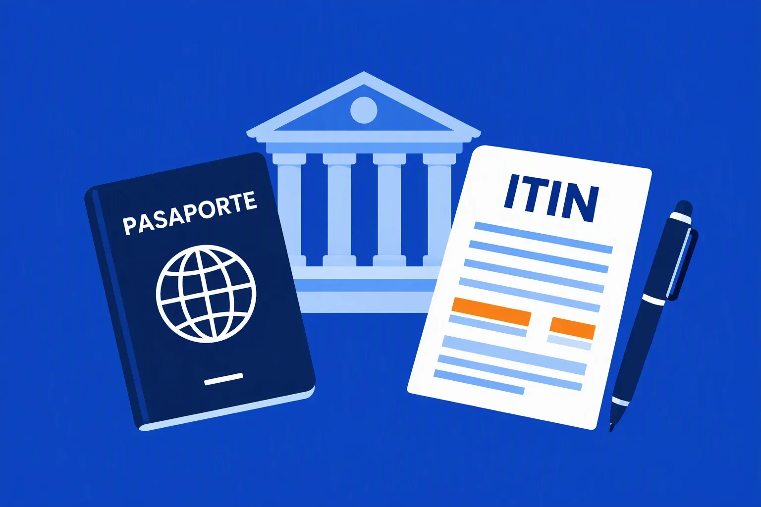 Ilustración de pasaporte, banco y documentos del ITIN